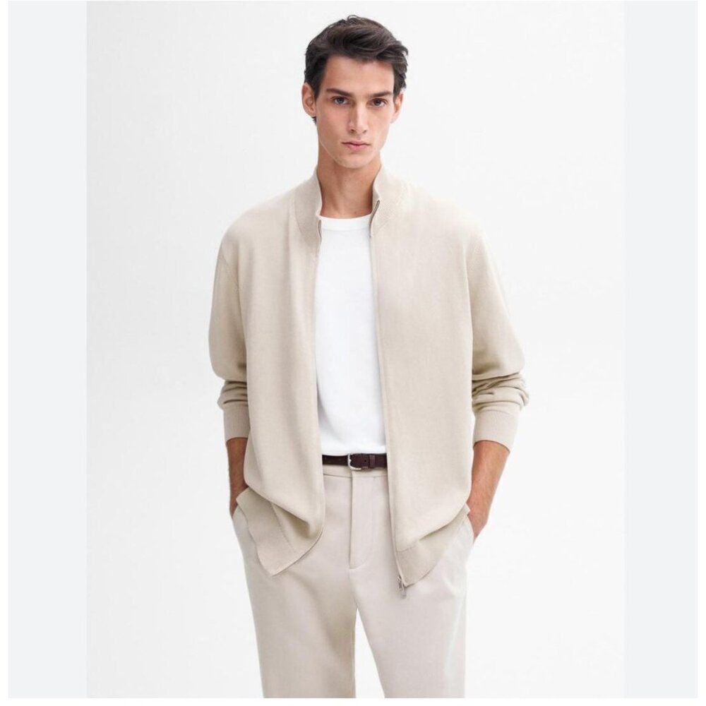 Massimo Dutti Mens Cardigan Sweater XL Beige Cotton Full Zip 0978/350 NWT